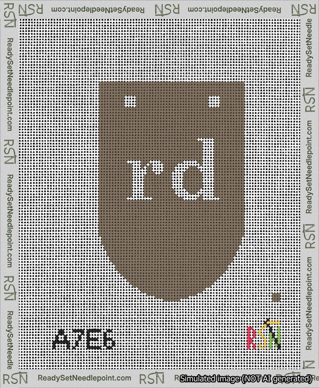 A taped needlepoint canvas with the design: Banner 13 mesh count Rounded rd White on Brown.