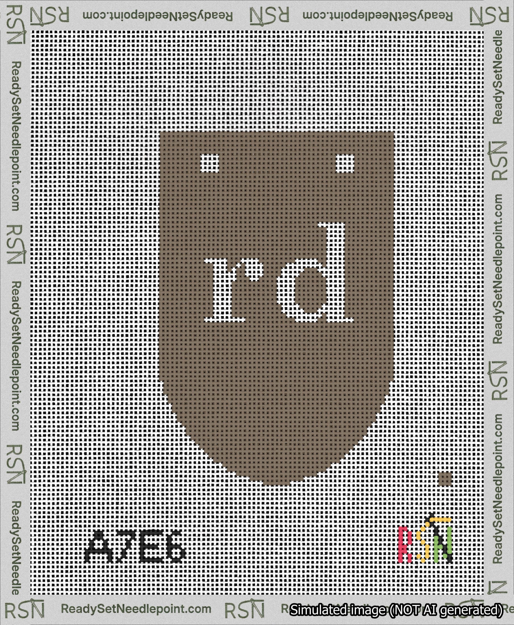 A taped needlepoint canvas with the design: Banner 13 mesh count Rounded rd White on Brown.