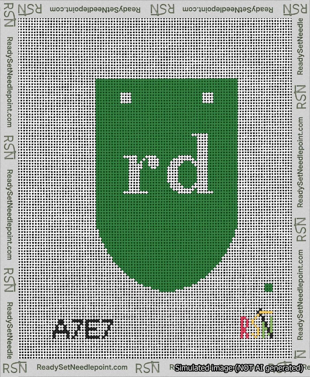 A taped needlepoint canvas with the design: Banner 13 mesh count Rounded rd White on Green.