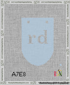 A taped needlepoint canvas with the design: Banner 13 mesh count Rounded rd White on Light Blue.