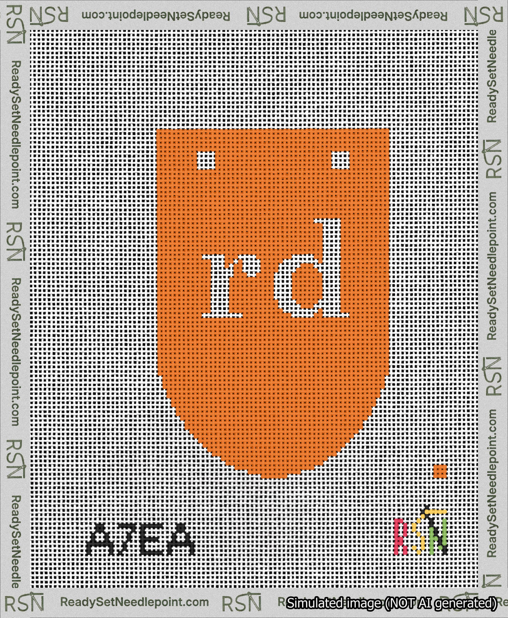 A taped needlepoint canvas with the design: Banner 13 mesh count Rounded rd White on Orange.