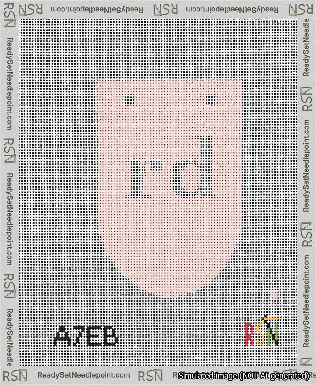 A taped needlepoint canvas with the design: Banner 13 mesh count Rounded rd White on Pink.