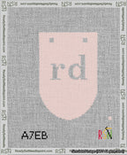 A taped needlepoint canvas with the design: Banner 13 mesh count Rounded rd White on Pink.