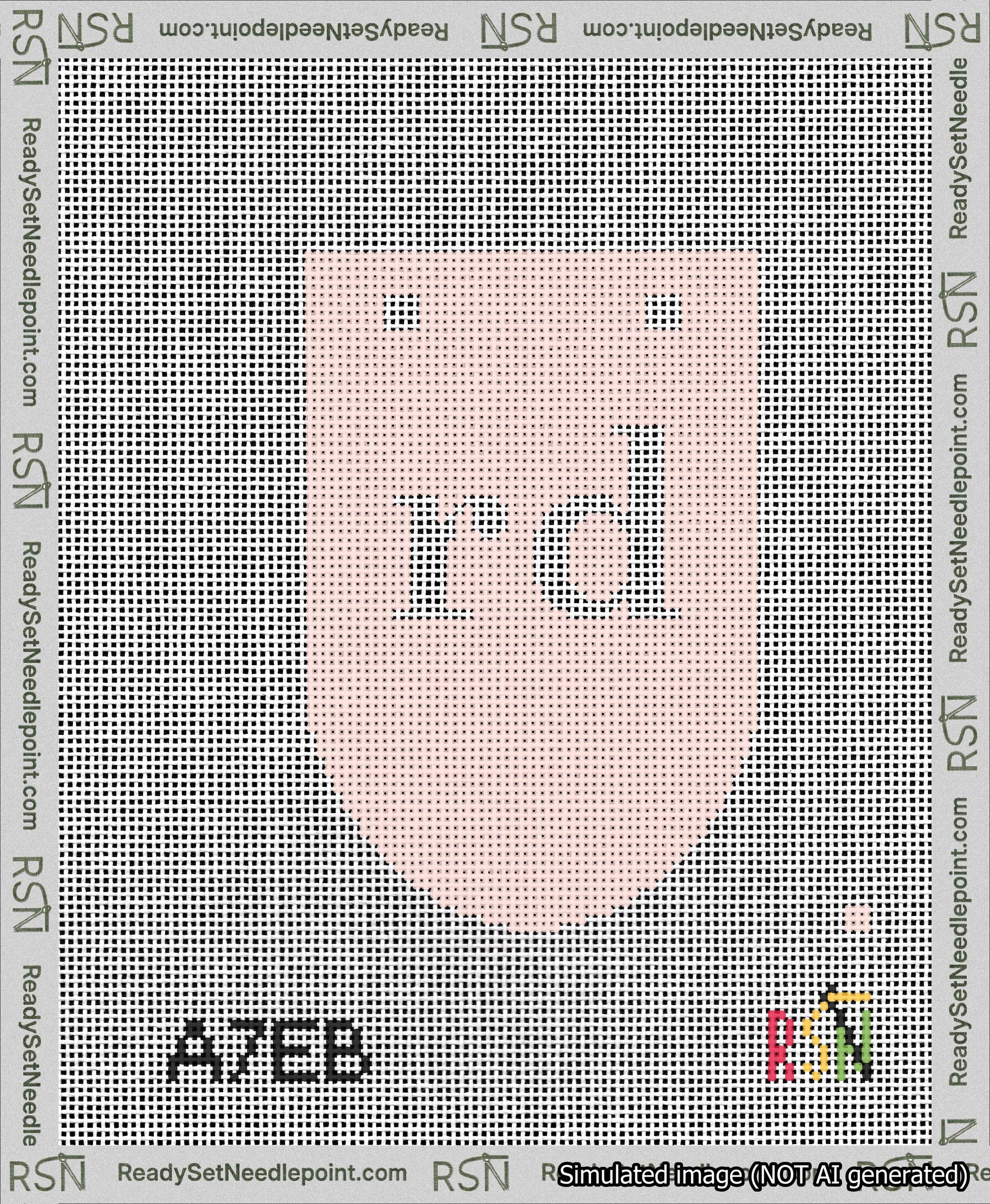 A taped needlepoint canvas with the design: Banner 13 mesh count Rounded rd White on Pink.