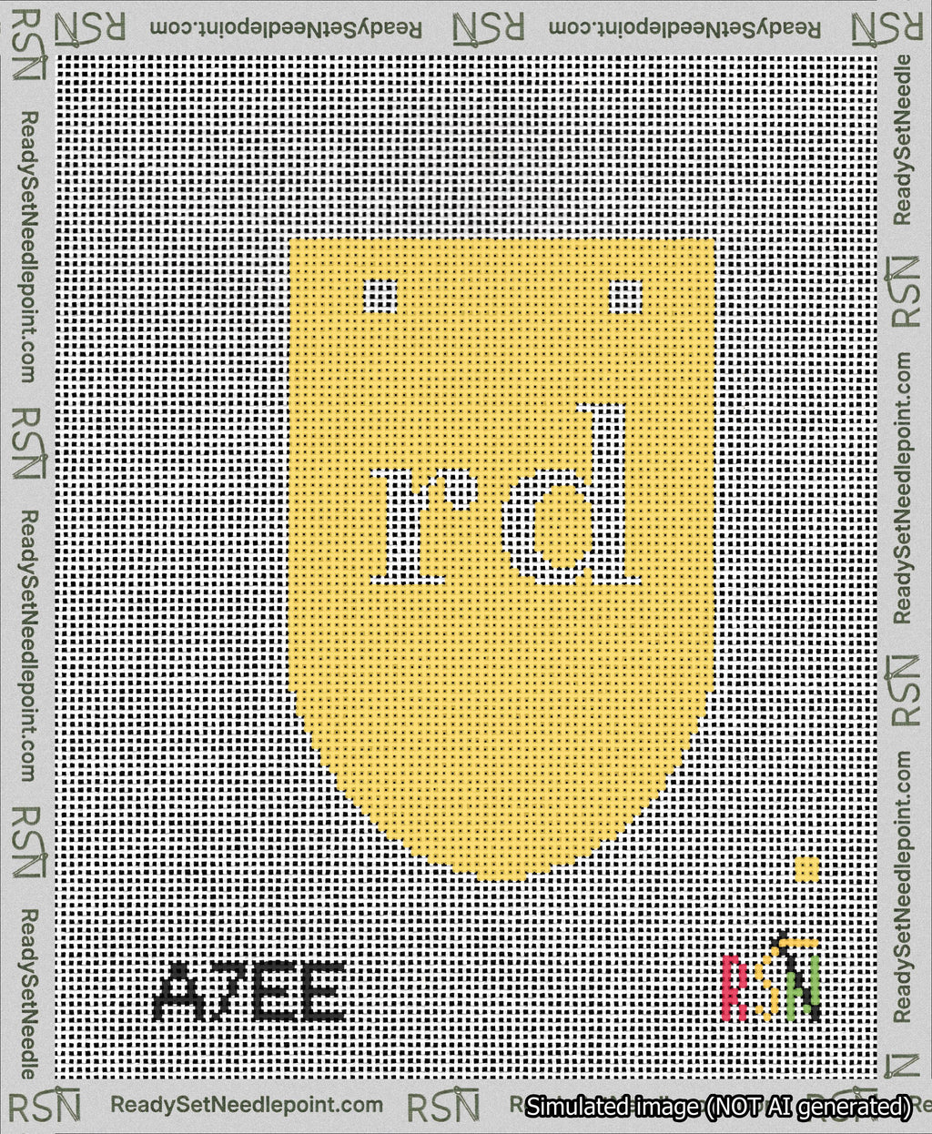 A taped needlepoint canvas with the design: Banner 13 mesh count Rounded rd White on Yellow.