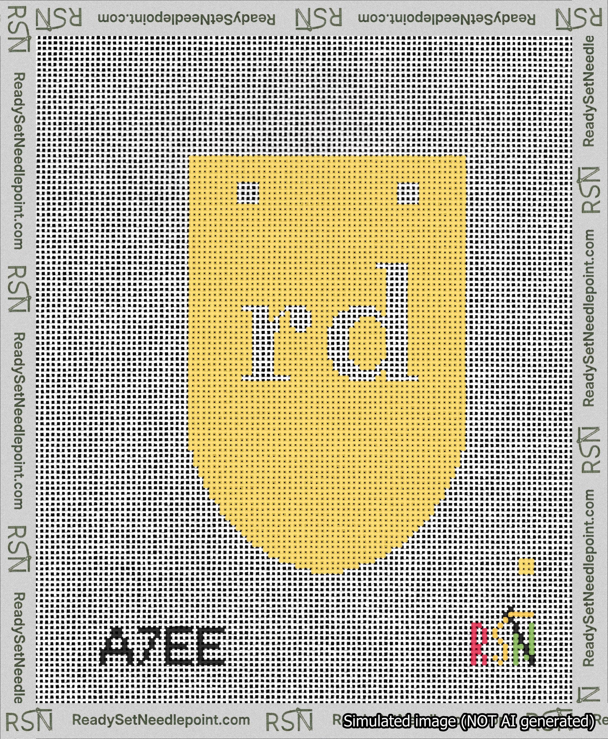 A taped needlepoint canvas with the design: Banner 13 mesh count Rounded rd White on Yellow.