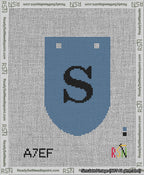 A taped needlepoint canvas with the design: Banner 13 mesh count Rounded S Black on Blue.