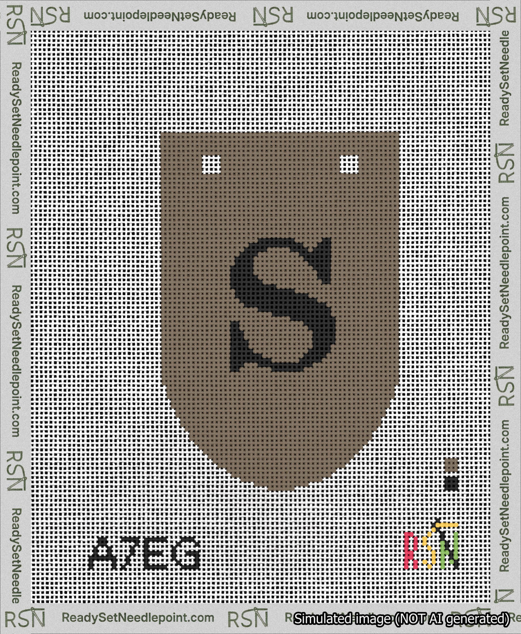 A taped needlepoint canvas with the design: Banner 13 mesh count Rounded S Black on Brown.
