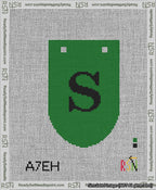 A taped needlepoint canvas with the design: Banner 13 mesh count Rounded S Black on Green.