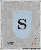 A taped needlepoint canvas with the design: Banner 13 mesh count Rounded S Black on Light Blue.