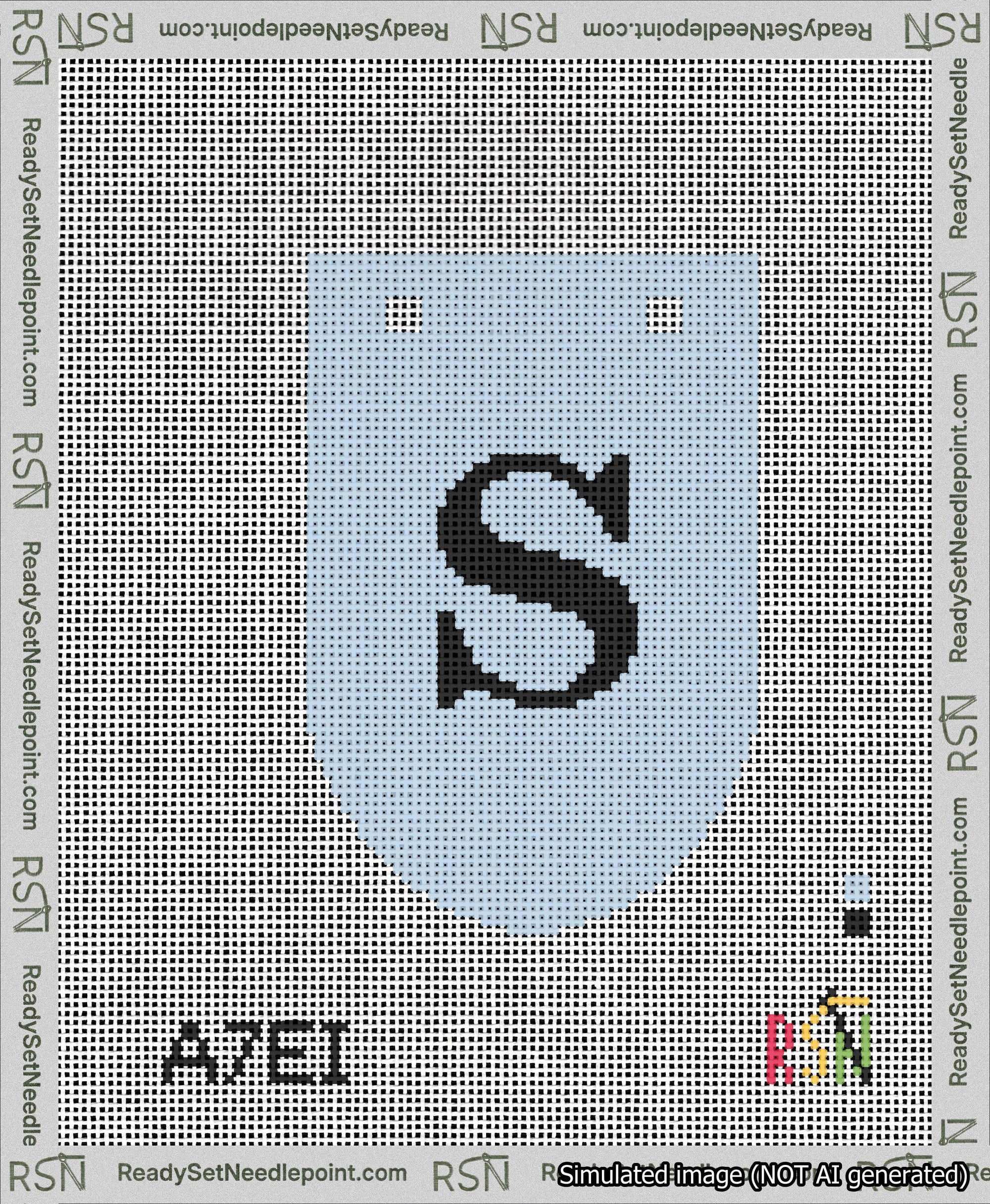 A taped needlepoint canvas with the design: Banner 13 mesh count Rounded S Black on Light Blue.