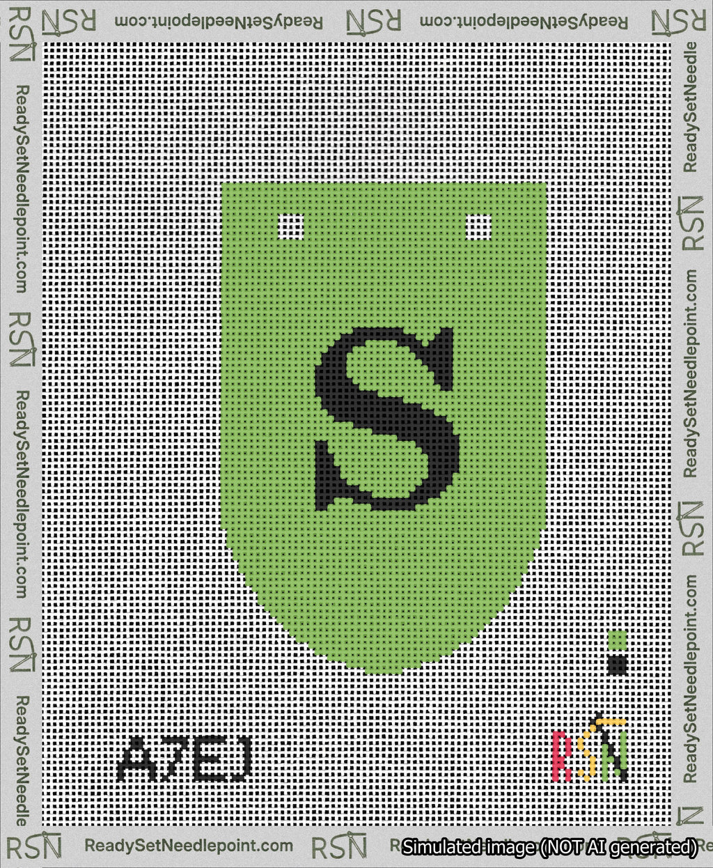 A taped needlepoint canvas with the design: Banner 13 mesh count Rounded S Black on Light Green.