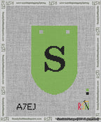 A taped needlepoint canvas with the design: Banner 13 mesh count Rounded S Black on Light Green.
