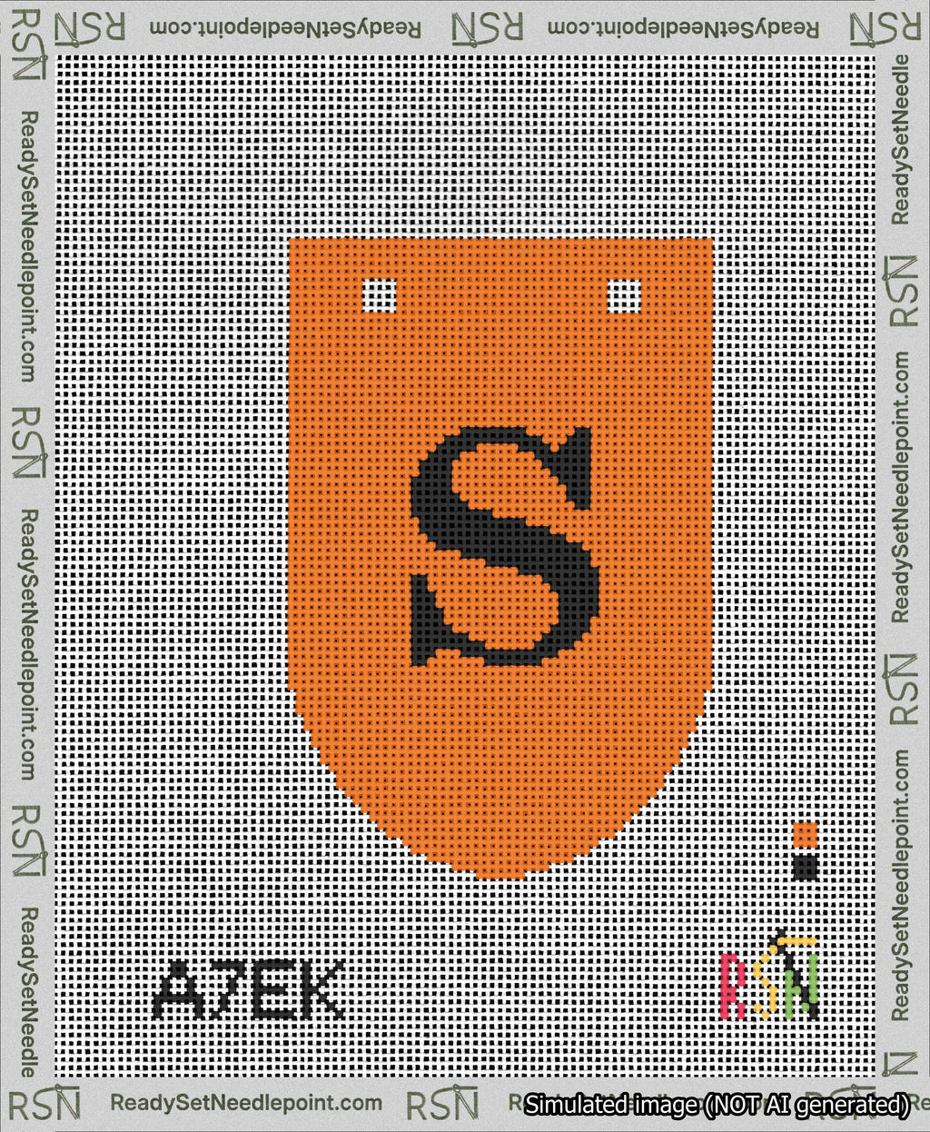 A taped needlepoint canvas with the design: Banner 13 mesh count Rounded S Black on Orange.