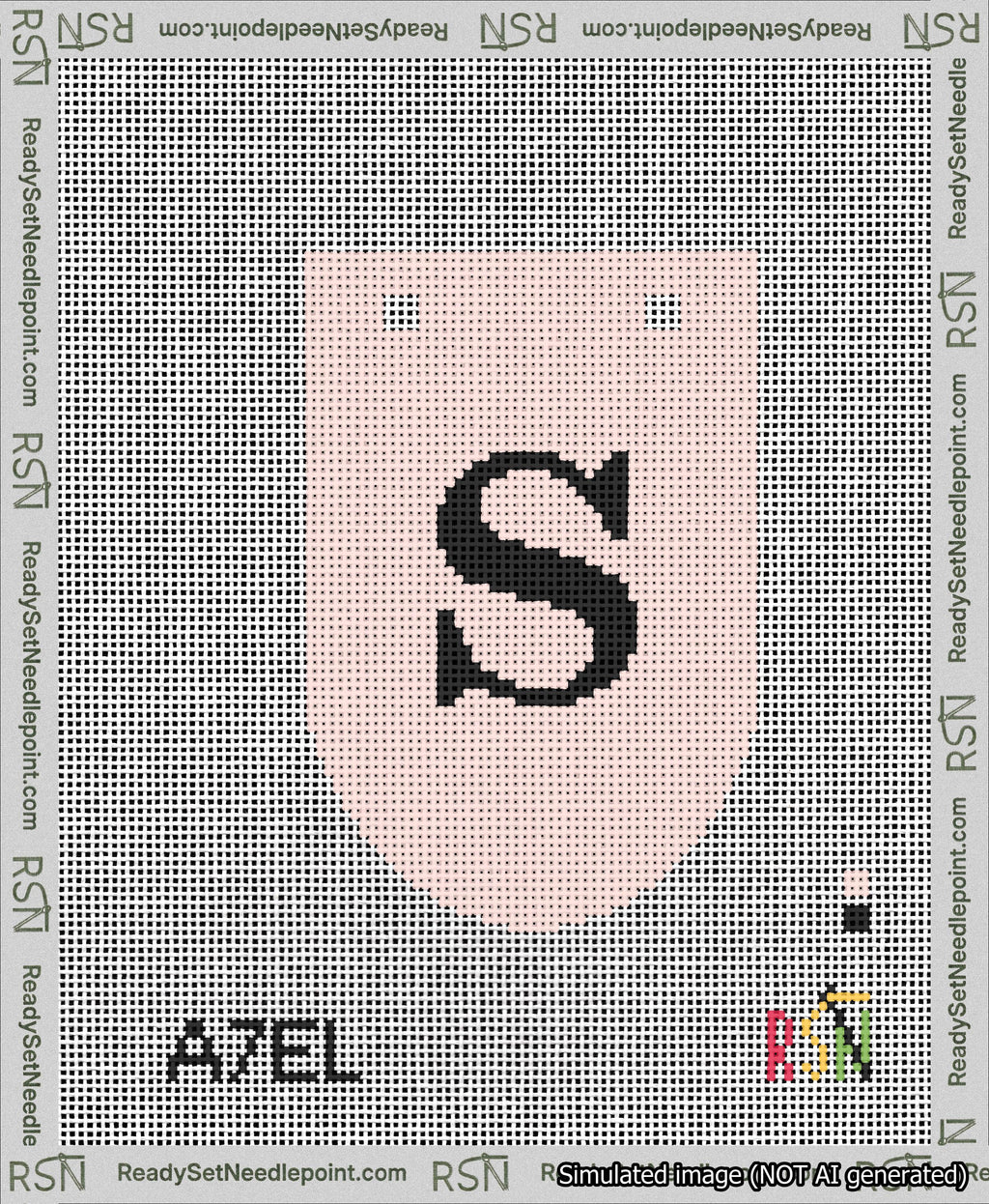 A taped needlepoint canvas with the design: Banner 13 mesh count Rounded S Black on Pink.