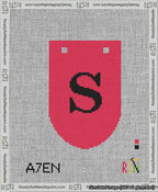 A taped needlepoint canvas with the design: Banner 13 mesh count Rounded S Black on Red.