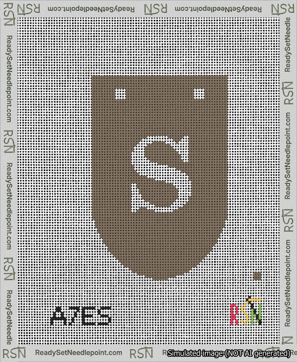 A taped needlepoint canvas with the design: Banner 13 mesh count Rounded S White on Brown.