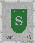 A taped needlepoint canvas with the design: Banner 13 mesh count Rounded S White on Green.
