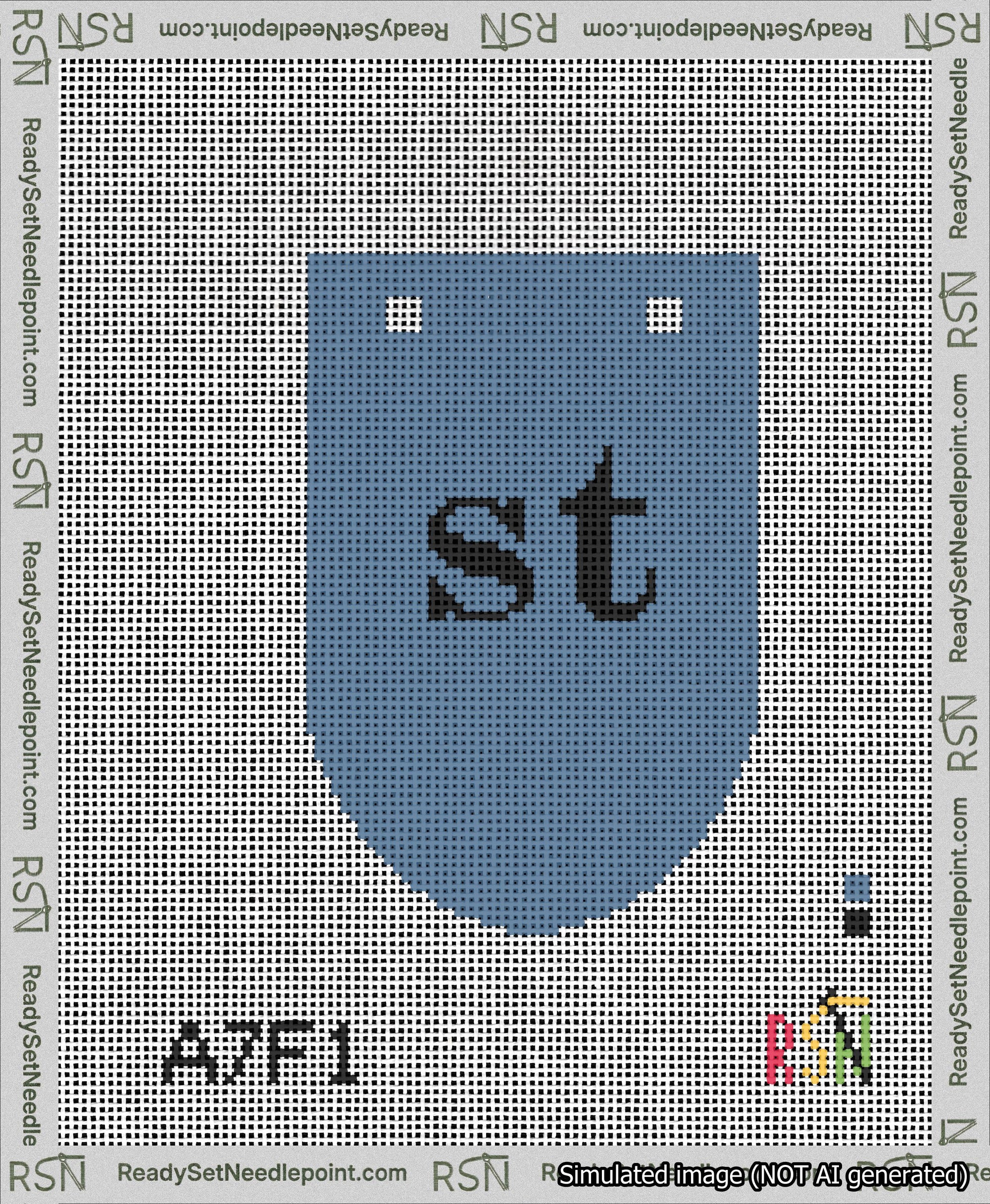 A taped needlepoint canvas with the design: Banner 13 mesh count Rounded st Black on Blue.