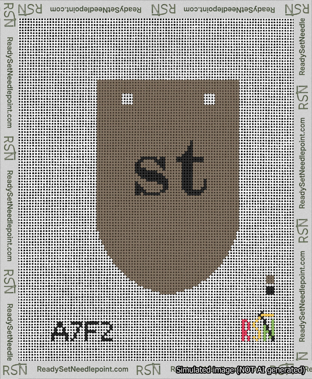A taped needlepoint canvas with the design: Banner 13 mesh count Rounded st Black on Brown.