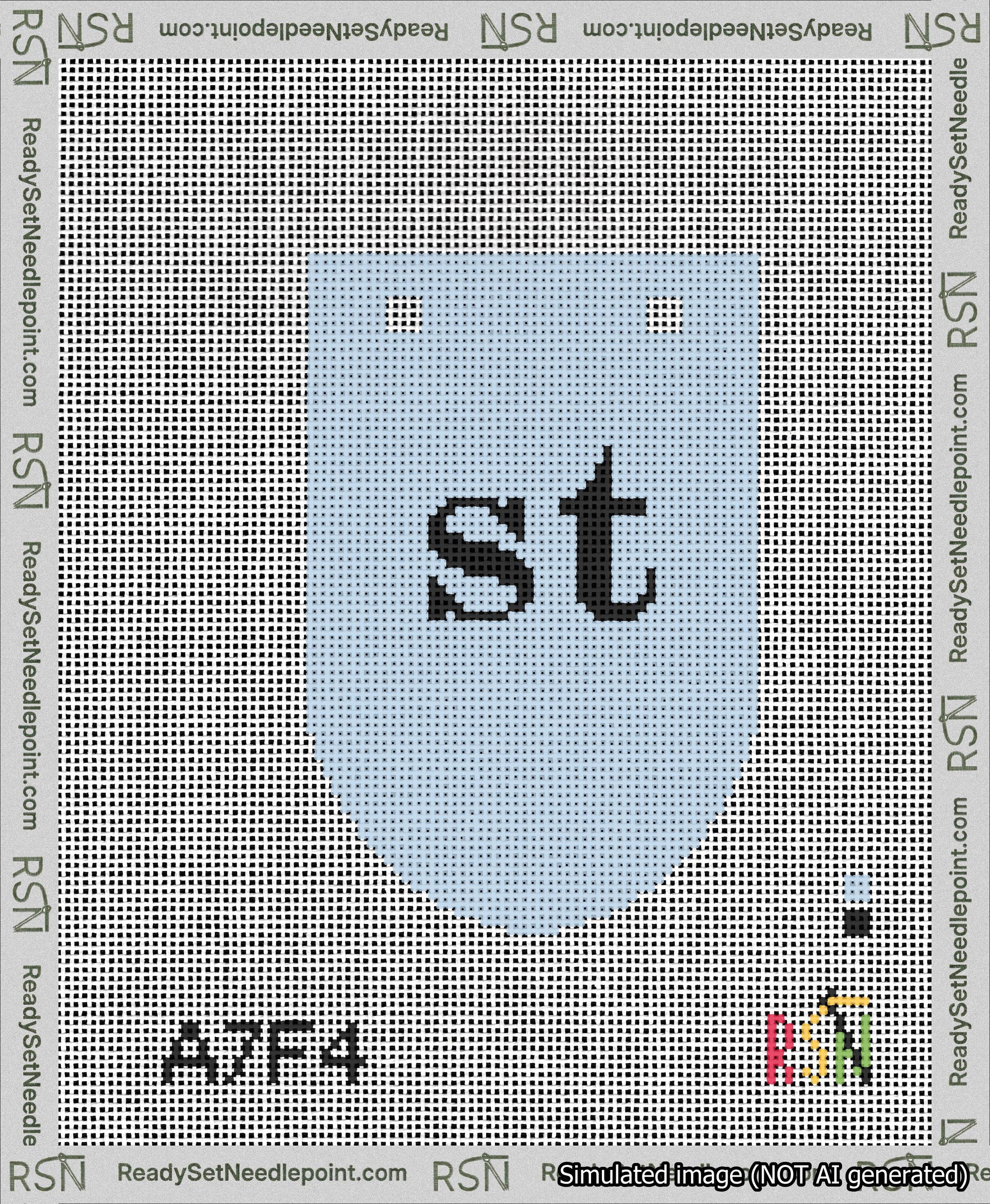 A taped needlepoint canvas with the design: Banner 13 mesh count Rounded st Black on Light Blue.