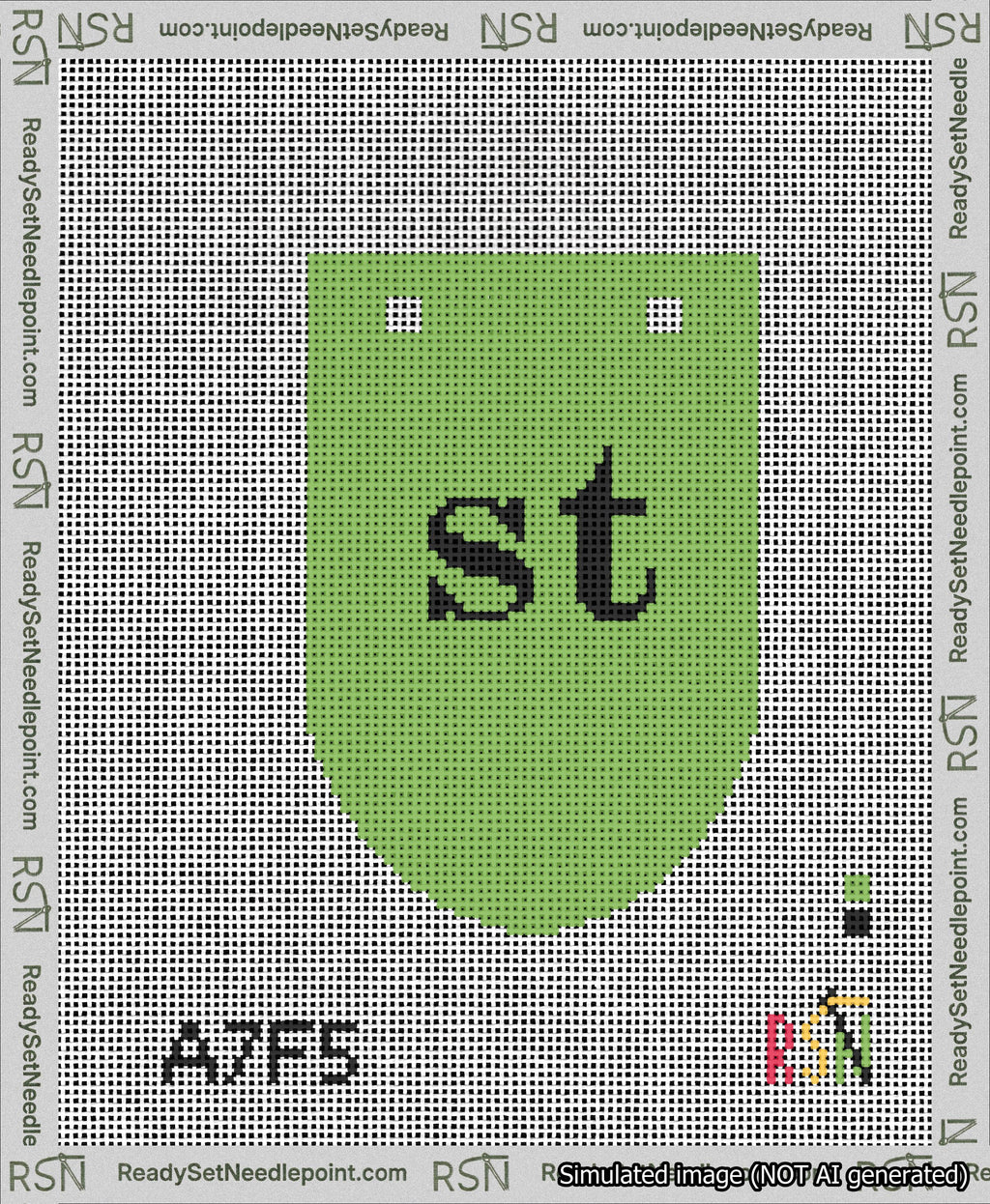 A taped needlepoint canvas with the design: Banner 13 mesh count Rounded st Black on Light Green.