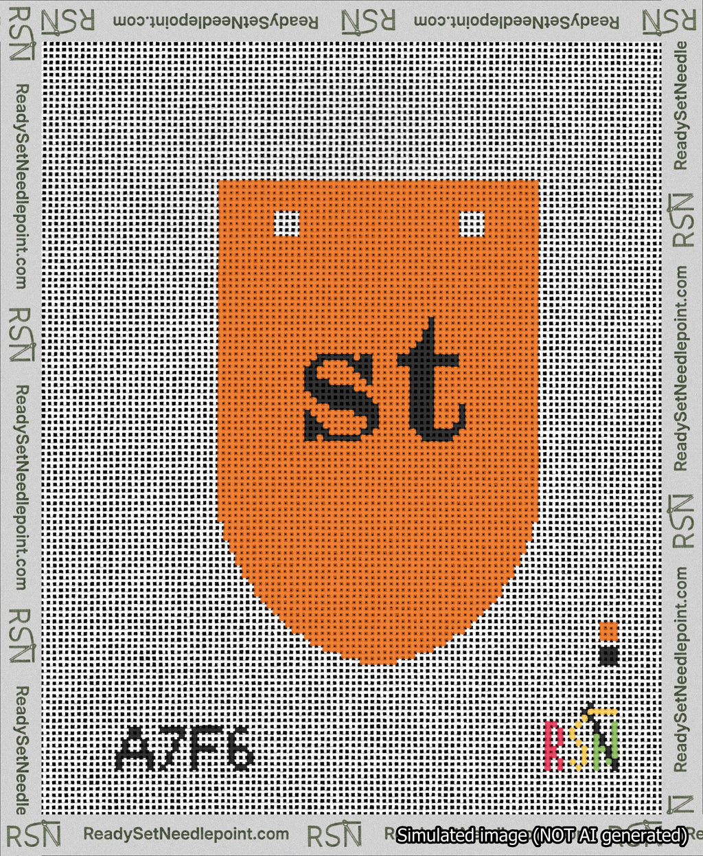 A taped needlepoint canvas with the design: Banner 13 mesh count Rounded st Black on Orange.