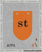 A taped needlepoint canvas with the design: Banner 13 mesh count Rounded st Black on Orange.