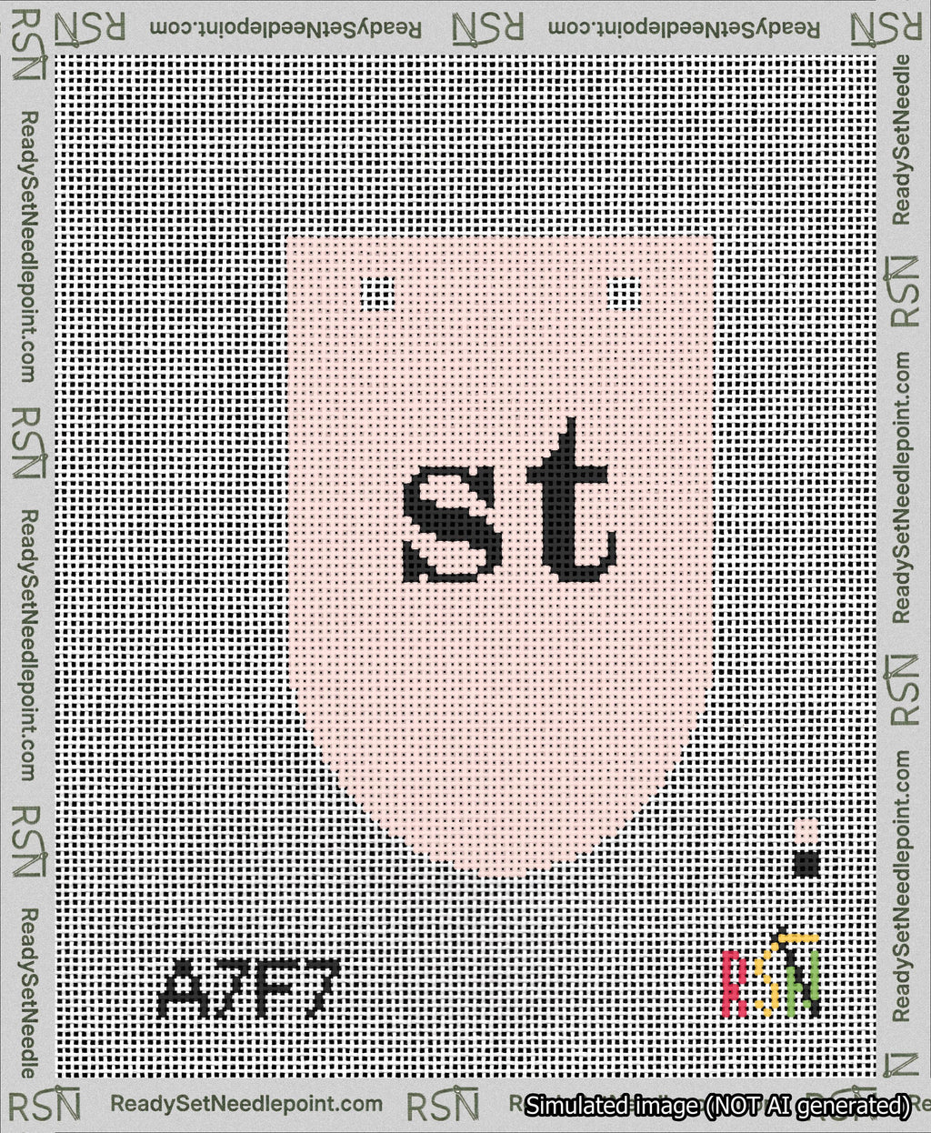 A taped needlepoint canvas with the design: Banner 13 mesh count Rounded st Black on Pink.