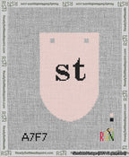 A taped needlepoint canvas with the design: Banner 13 mesh count Rounded st Black on Pink.