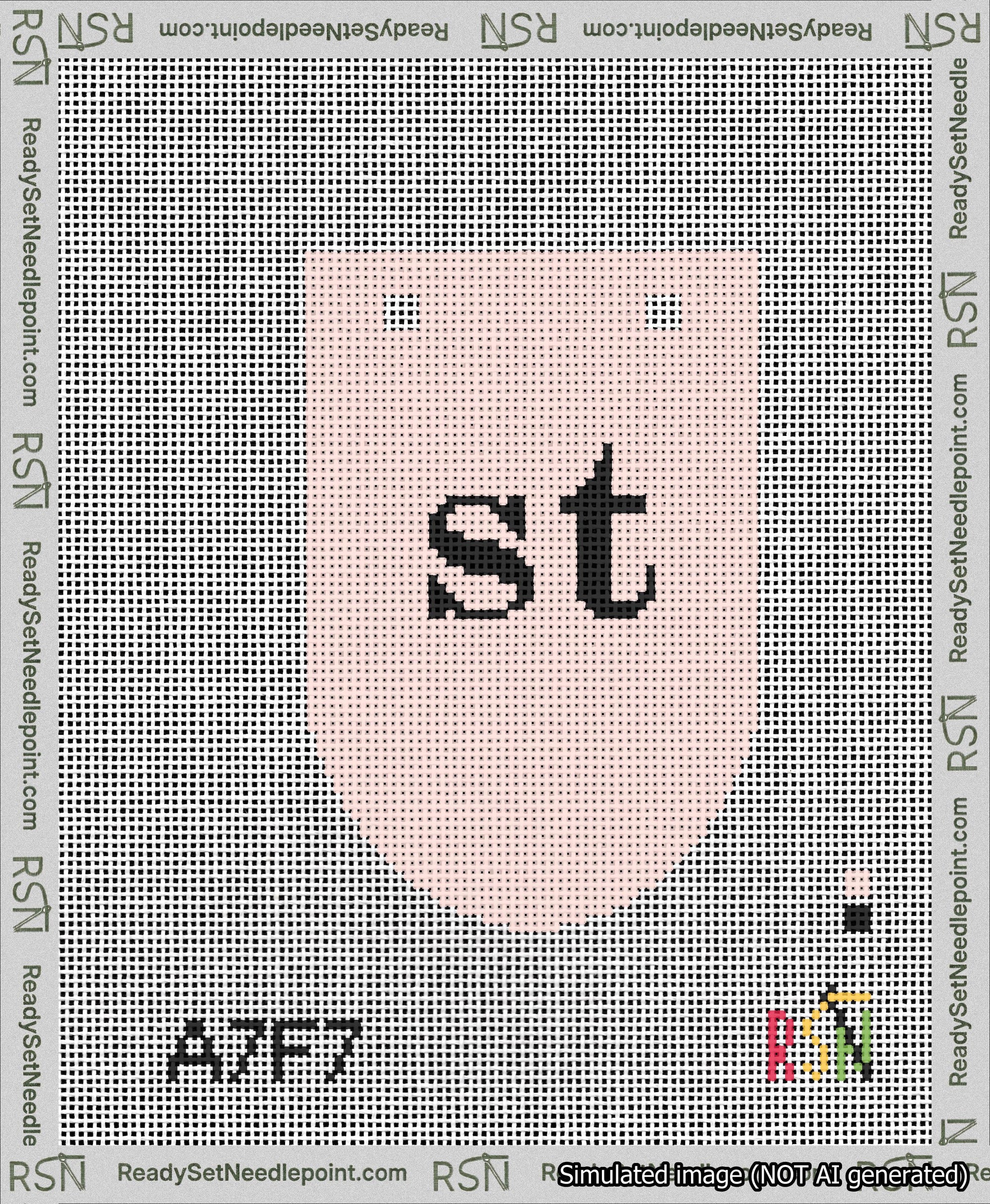 A taped needlepoint canvas with the design: Banner 13 mesh count Rounded st Black on Pink.