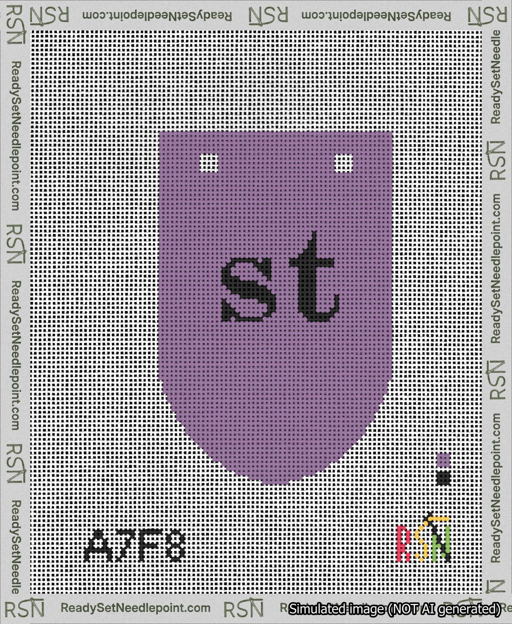 A taped needlepoint canvas with the design: Banner 13 mesh count Rounded st Black on Purple.