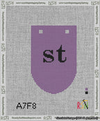 A taped needlepoint canvas with the design: Banner 13 mesh count Rounded st Black on Purple.