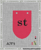 A taped needlepoint canvas with the design: Banner 13 mesh count Rounded st Black on Red.