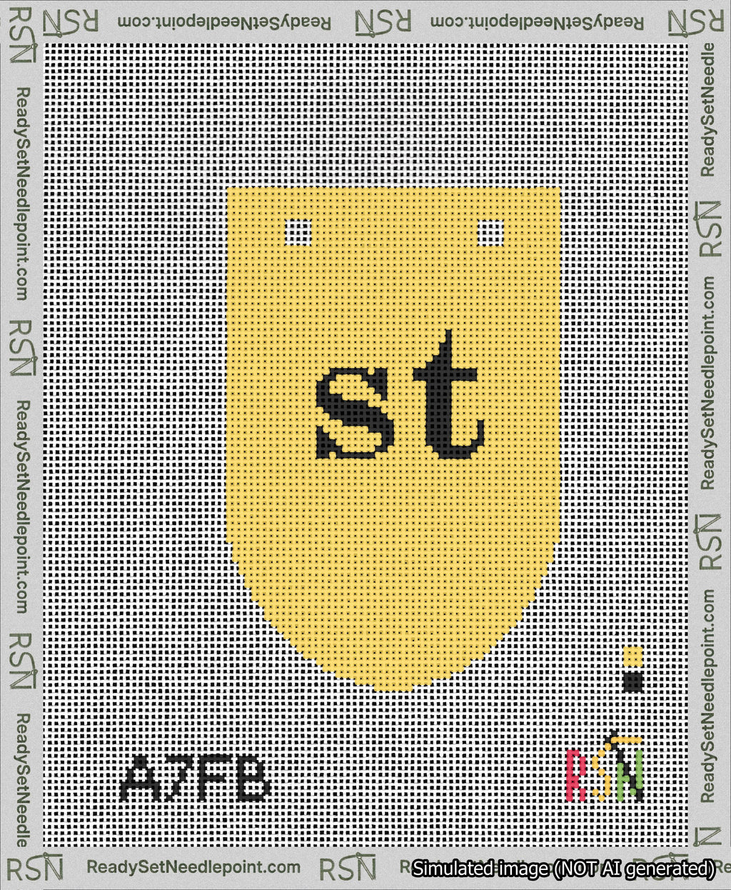 A taped needlepoint canvas with the design: Banner 13 mesh count Rounded st Black on Yellow.