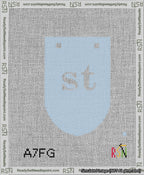 A taped needlepoint canvas with the design: Banner 13 mesh count Rounded st White on Light Blue.