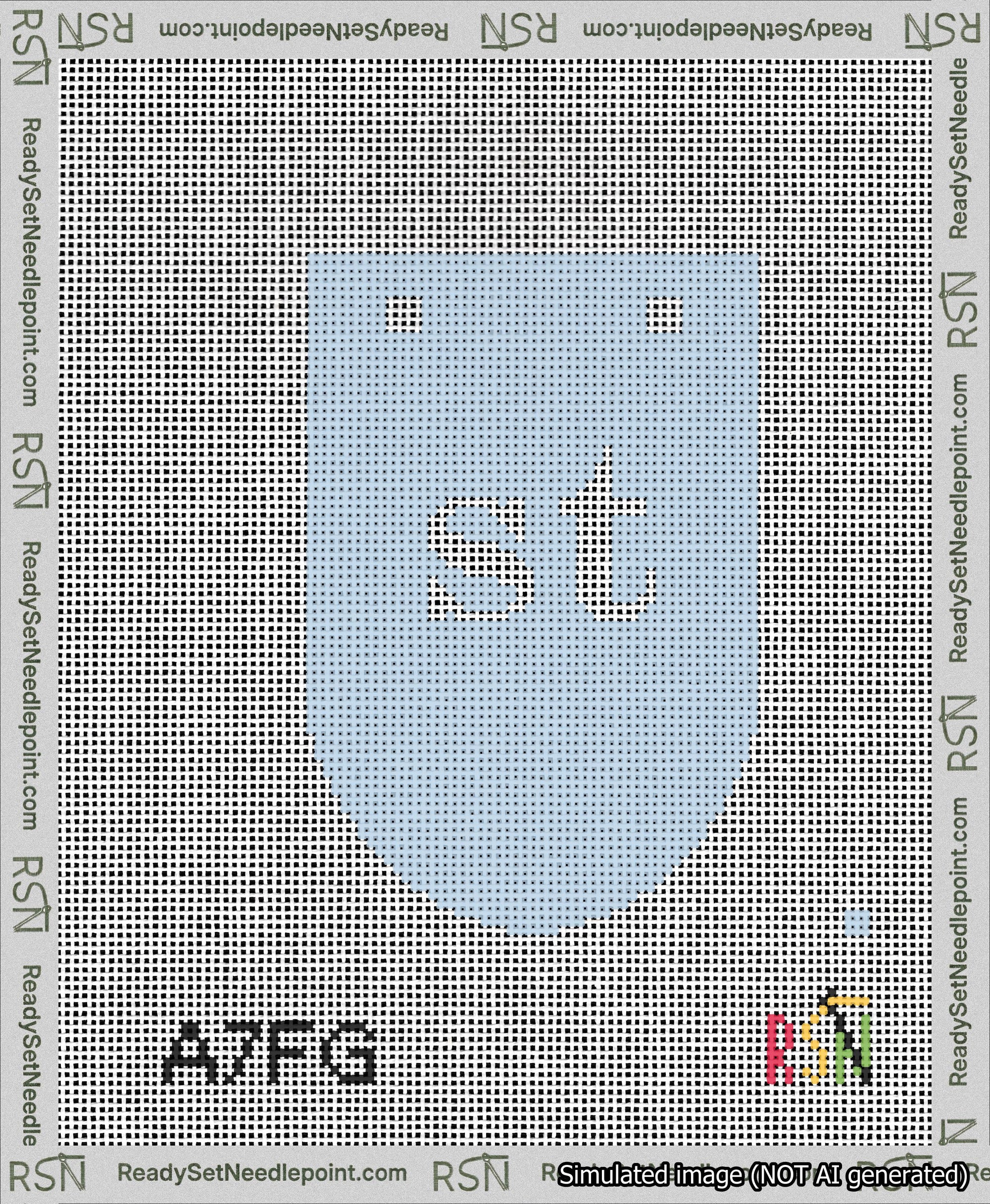 A taped needlepoint canvas with the design: Banner 13 mesh count Rounded st White on Light Blue.