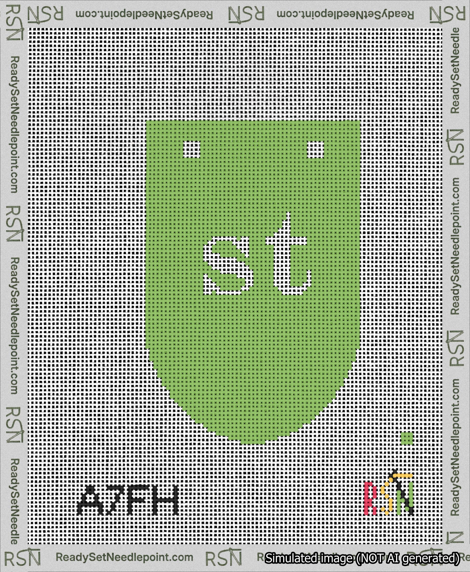 A taped needlepoint canvas with the design: Banner 13 mesh count Rounded st White on Light Green.