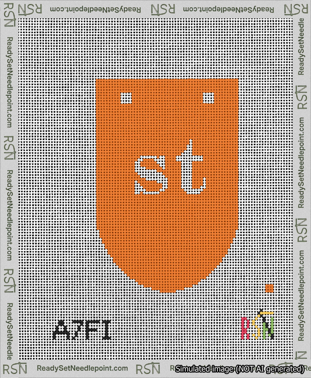 A taped needlepoint canvas with the design: Banner 13 mesh count Rounded st White on Orange.