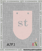 A taped needlepoint canvas with the design: Banner 13 mesh count Rounded st White on Pink.