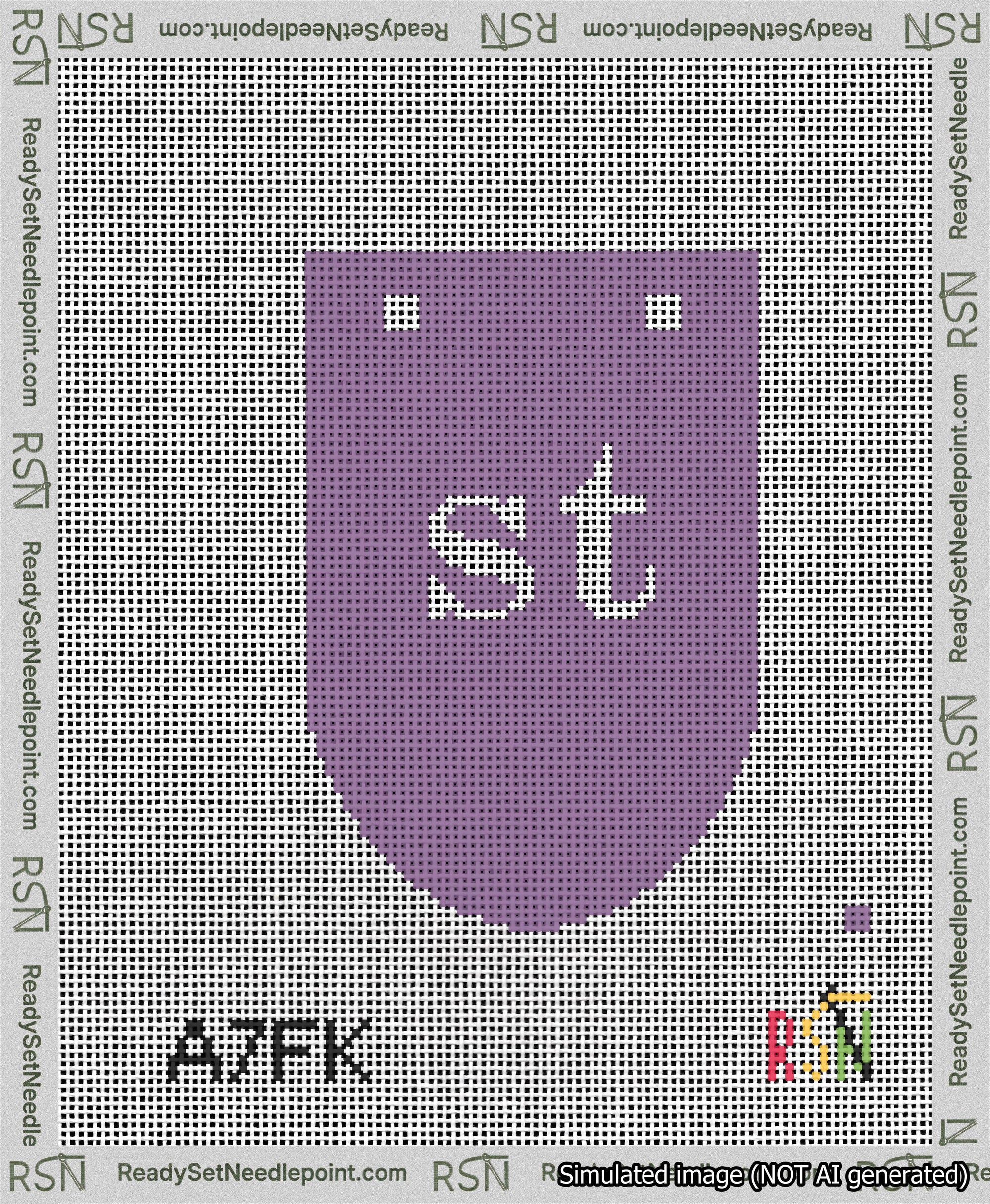 A taped needlepoint canvas with the design: Banner 13 mesh count Rounded st White on Purple.