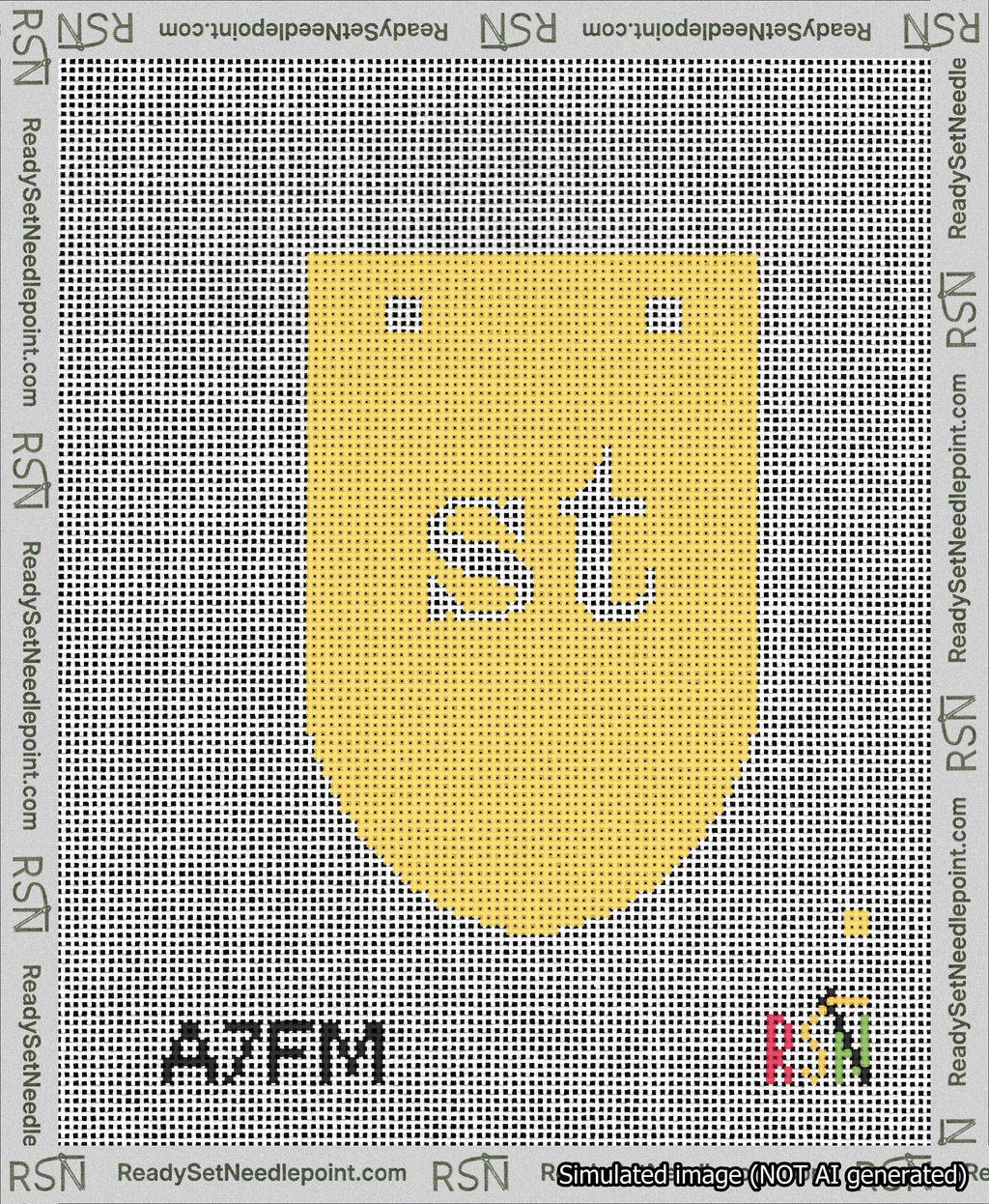 A taped needlepoint canvas with the design: Banner 13 mesh count Rounded st White on Yellow.