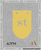 A taped needlepoint canvas with the design: Banner 13 mesh count Rounded st White on Yellow.