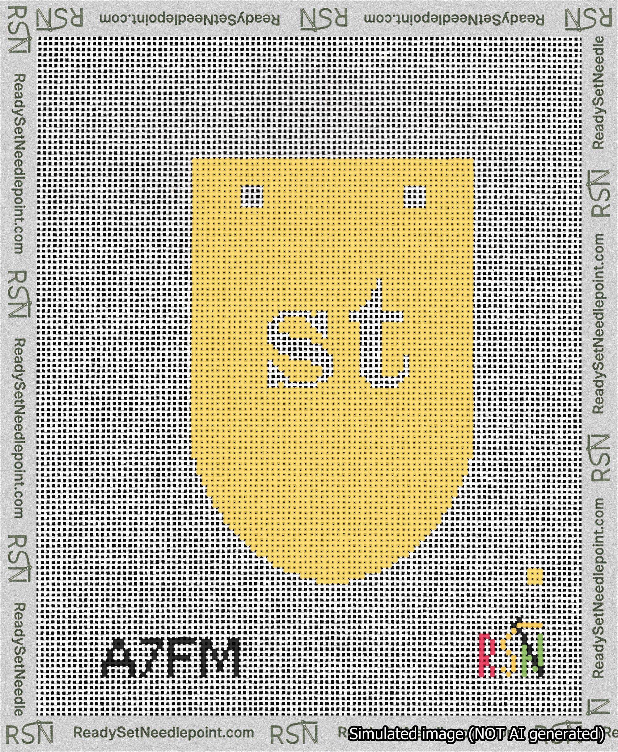 A taped needlepoint canvas with the design: Banner 13 mesh count Rounded st White on Yellow.