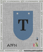 A taped needlepoint canvas with the design: Banner 13 mesh count Rounded T Black on Blue.