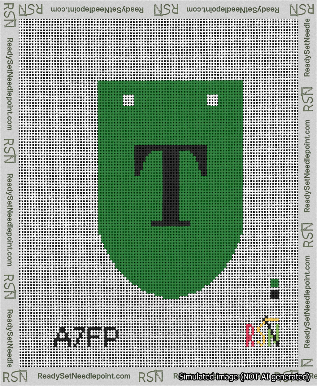 A taped needlepoint canvas with the design: Banner 13 mesh count Rounded T Black on Green.