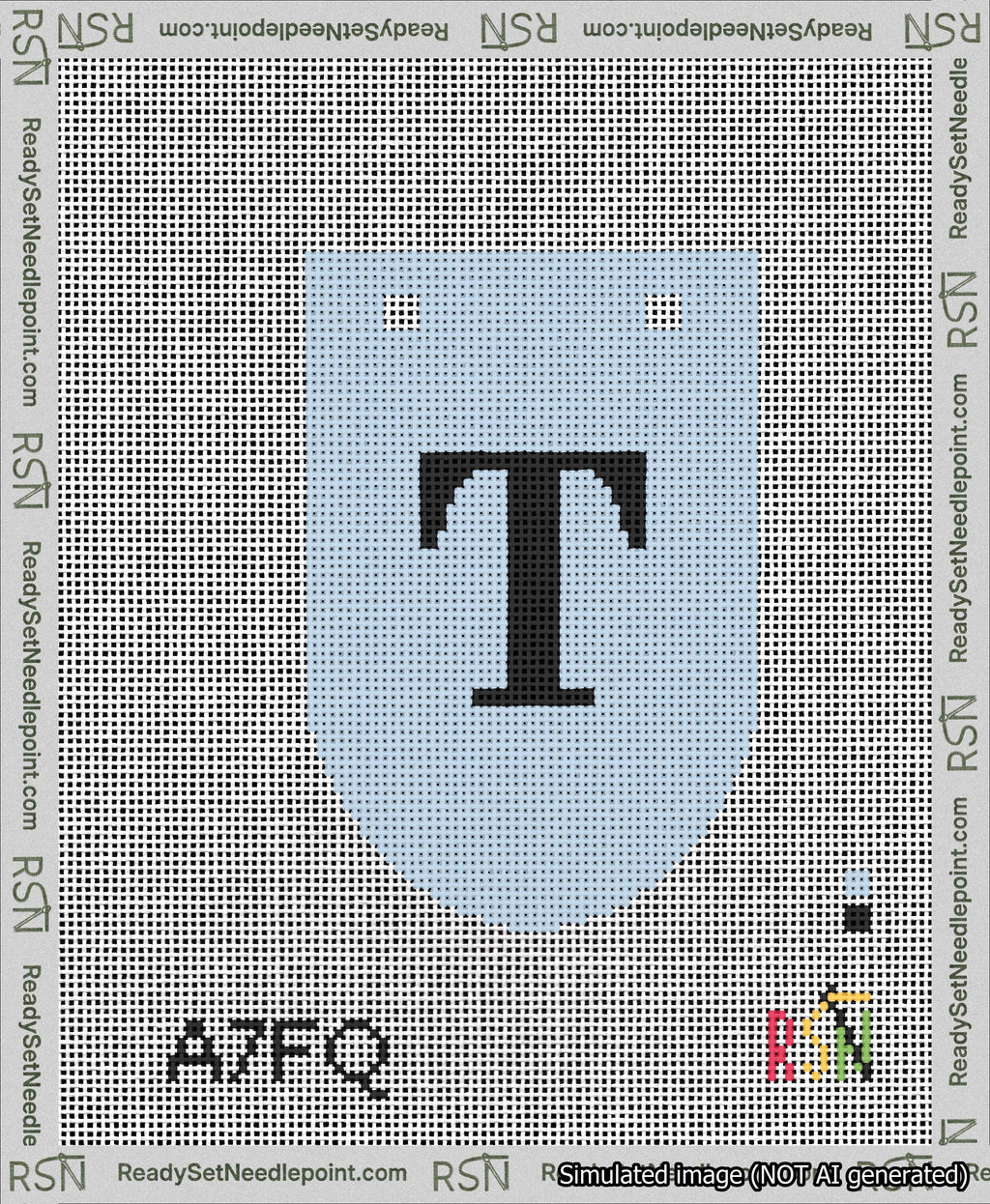 A taped needlepoint canvas with the design: Banner 13 mesh count Rounded T Black on Light Blue.