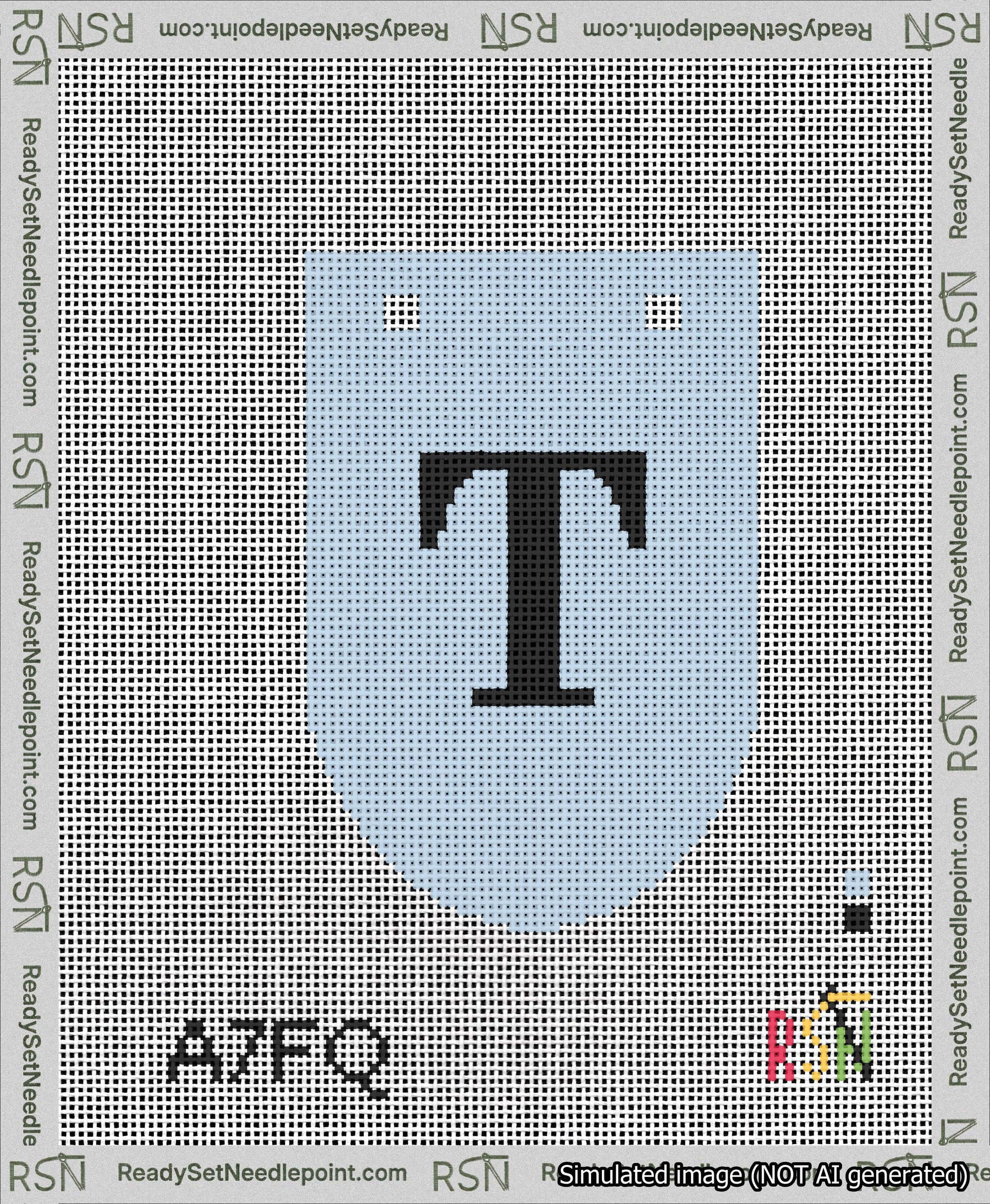 A taped needlepoint canvas with the design: Banner 13 mesh count Rounded T Black on Light Blue.