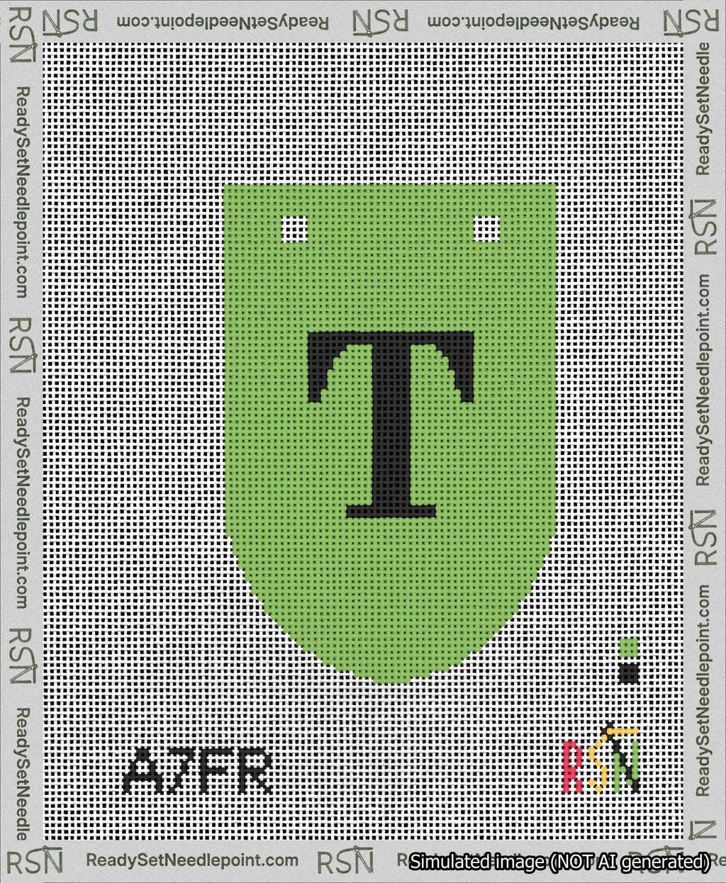A taped needlepoint canvas with the design: Banner 13 mesh count Rounded T Black on Light Green.