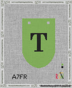 A taped needlepoint canvas with the design: Banner 13 mesh count Rounded T Black on Light Green.